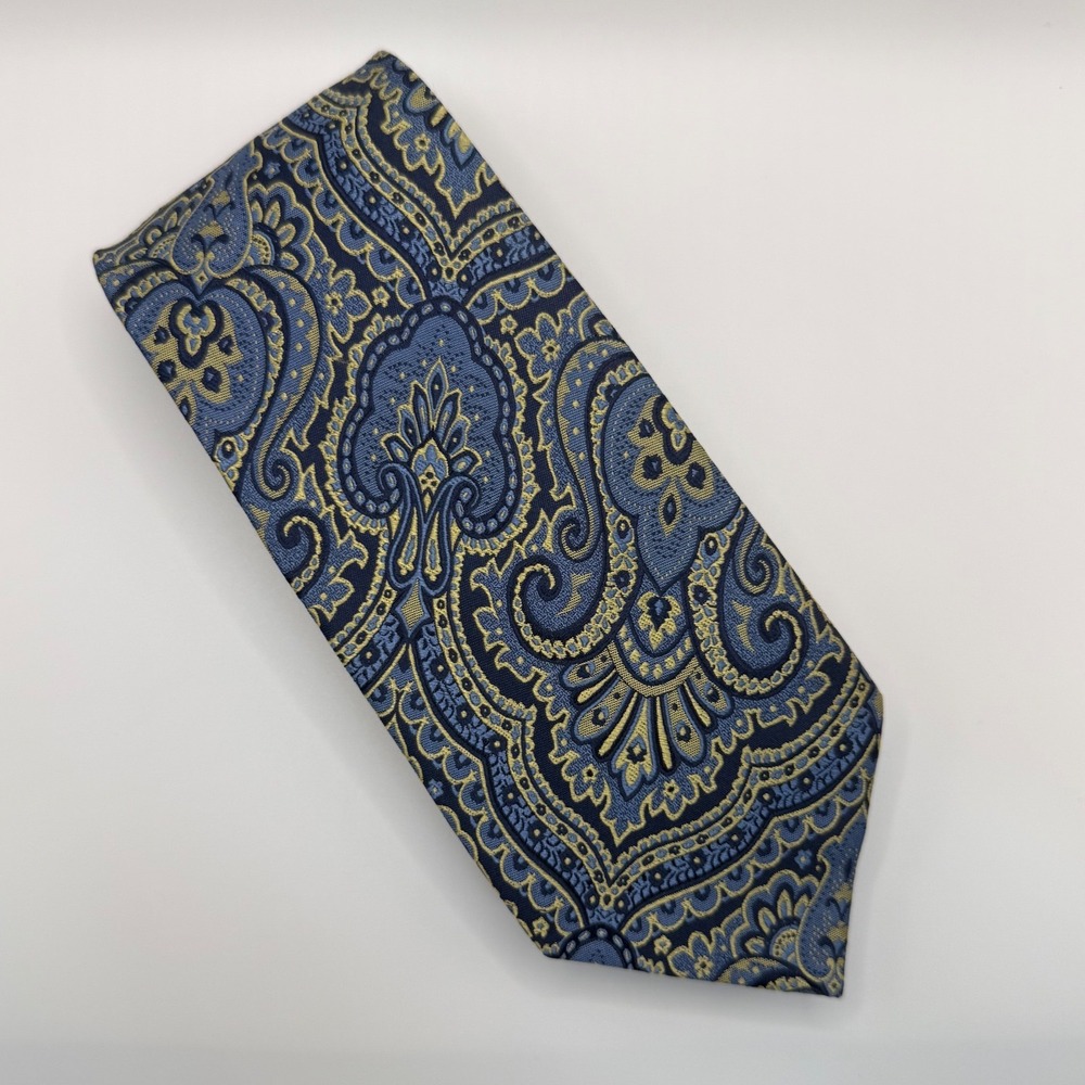 Piattelli Platinum Silk Tie OS Blue Gold Paisley Luxury Formal Professional
